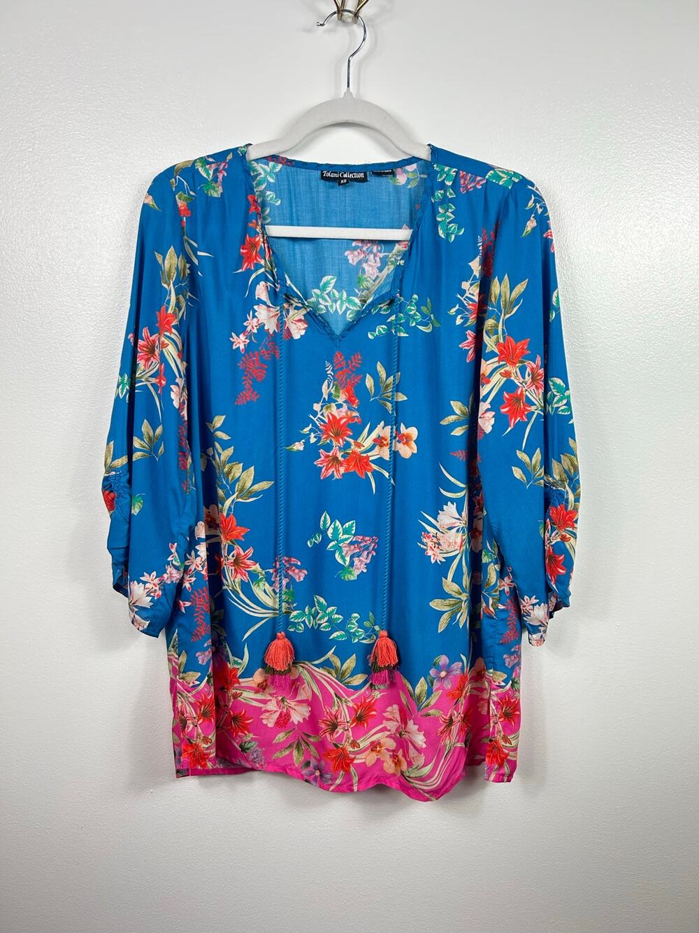 Tolani Collection Teal Blue Pink Floral Tassel Blouse Modal Size XS